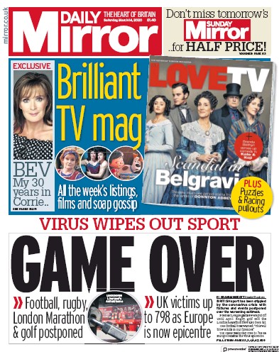 Daily Mirror Newspaper Front Page (UK) for 14 March 2020