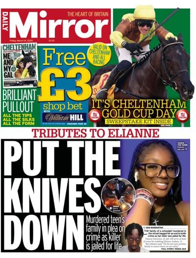 Daily Mirror Newspaper Front Page (UK) for 14 March 2025