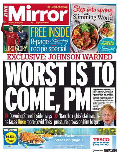 Daily Mirror Newspaper Front Page (UK) for 14 April 2022