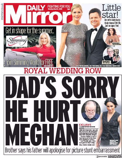 Daily Mirror Newspaper Front Page (UK) for 14 May 2018