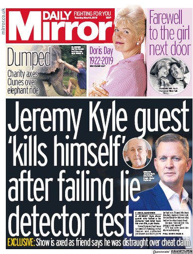 Daily Mirror Newspaper Front Page (UK) for 14 May 2019