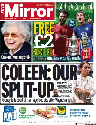 Daily Mirror Newspaper Front Page (UK) for 14 May 2022