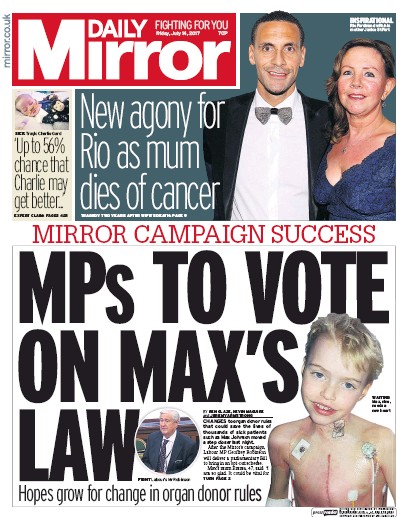 Daily Mirror Newspaper Front Page (UK) for 14 July 2017