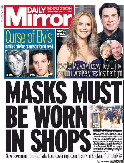 Daily Mirror Newspaper Front Page (UK) for 14 July 2020
