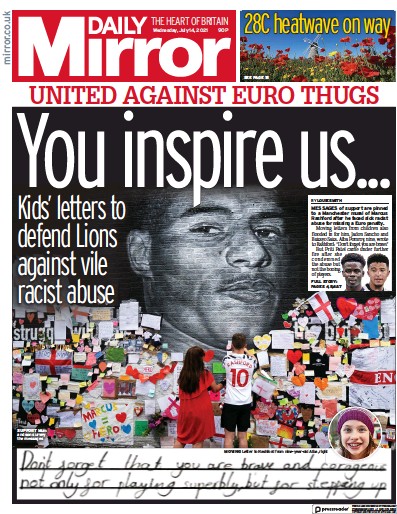 Daily Mirror Newspaper Front Page (UK) for 14 July 2021