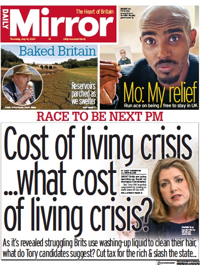 Daily Mirror Newspaper Front Page (UK) for 14 July 2022