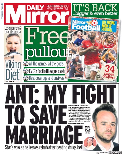 Daily Mirror Newspaper Front Page (UK) for 14 August 2017