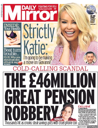 Daily Mirror Newspaper Front Page (UK) for 14 August 2018