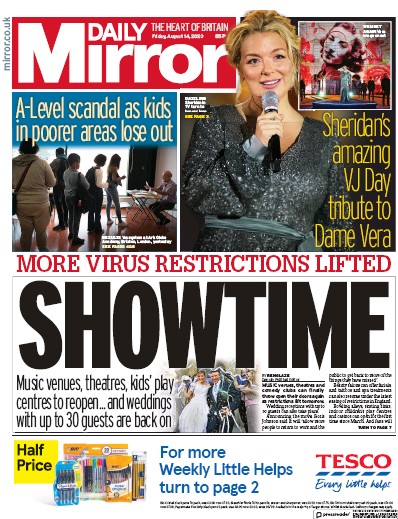 Daily Mirror Newspaper Front Page (UK) for 14 August 2020