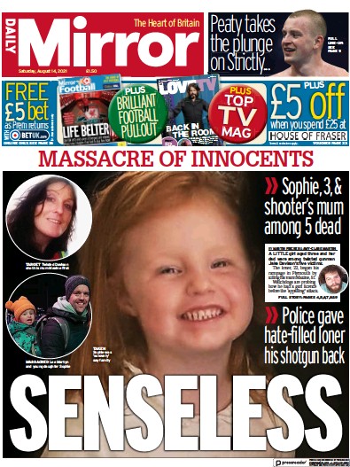 Daily Mirror Newspaper Front Page (UK) for 14 August 2021