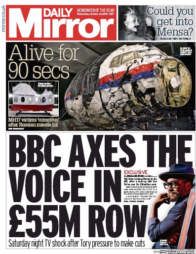 Daily Mirror Newspaper Front Page (UK) for 15 October 2015