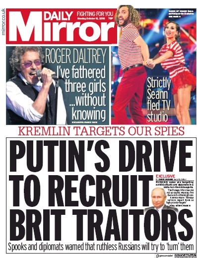 Daily Mirror Newspaper Front Page (UK) for 15 October 2018