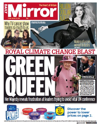 Daily Mirror Newspaper Front Page (UK) for 15 October 2021