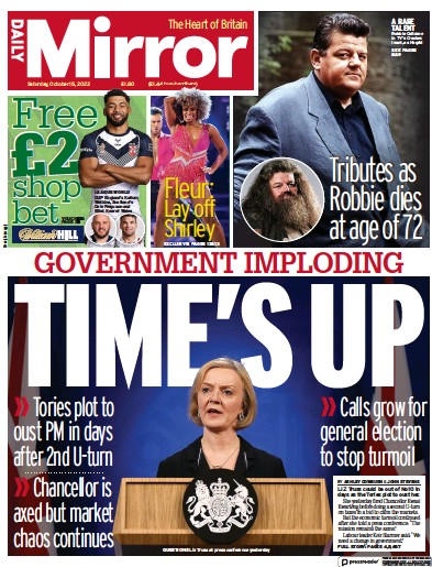Daily Mirror Newspaper Front Page (UK) for 15 October 2022