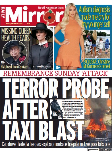 Daily Mirror Newspaper Front Page (UK) for 15 November 2021