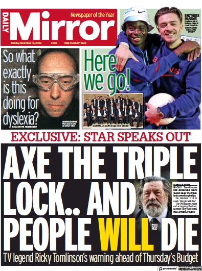 Daily Mirror Newspaper Front Page (UK) for 15 November 2022