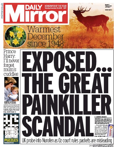 Daily Mirror Newspaper Front Page (UK) for 15 December 2015