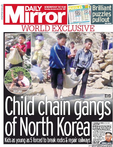 Daily Mirror Newspaper Front Page (UK) for 15 December 2016