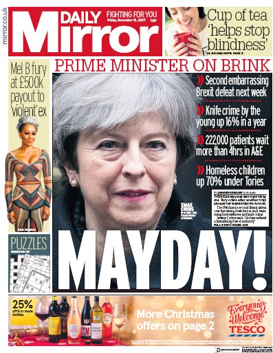 Daily Mirror Newspaper Front Page (UK) for 15 December 2017