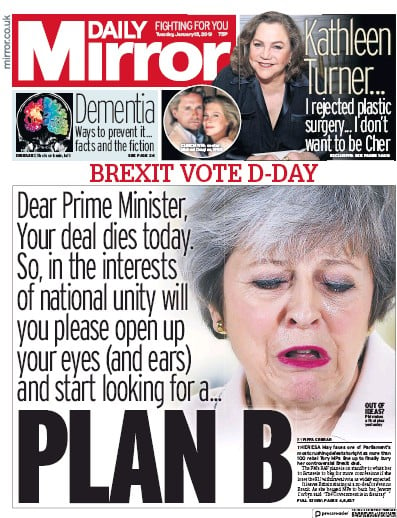 Daily Mirror Newspaper Front Page (UK) for 15 January 2019