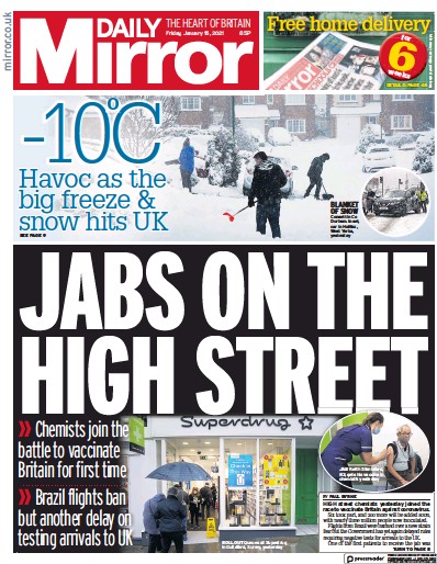 Daily Mirror Newspaper Front Page (UK) for 15 January 2021