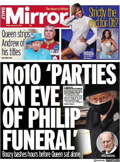 Daily Mirror Newspaper Front Page (UK) for 15 January 2022