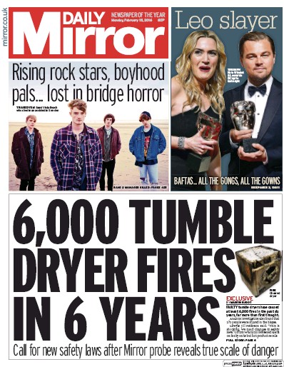 Daily Mirror Newspaper Front Page (UK) for 15 February 2016