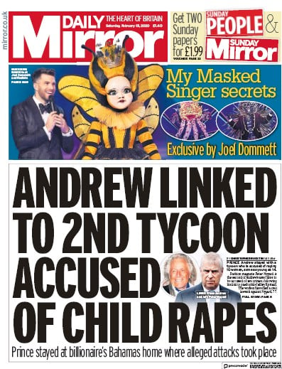 Daily Mirror Newspaper Front Page (UK) for 15 February 2020