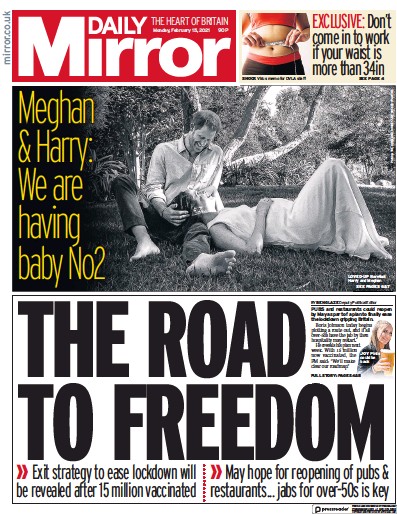 Daily Mirror Newspaper Front Page (UK) for 15 February 2021