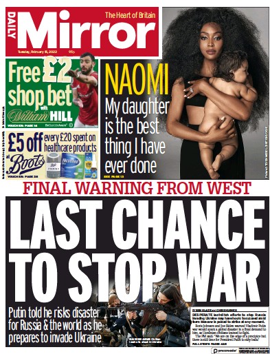 Daily Mirror Newspaper Front Page (UK) for 15 February 2022