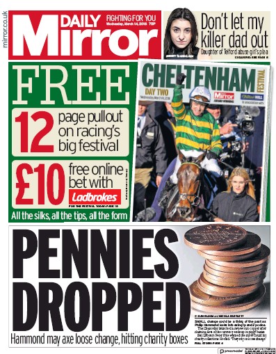 Daily Mirror Newspaper Front Page (UK) for 15 March 2018