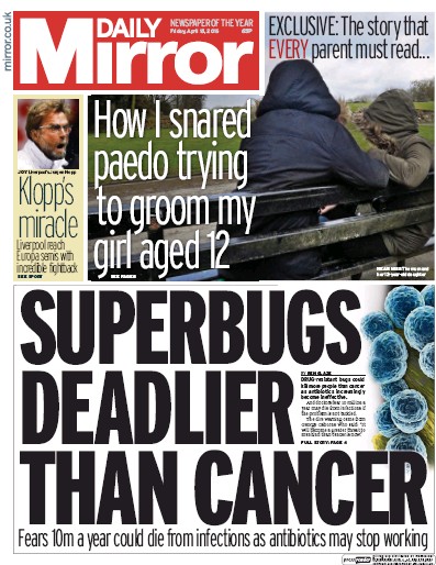 Daily Mirror Newspaper Front Page (UK) for 15 April 2016