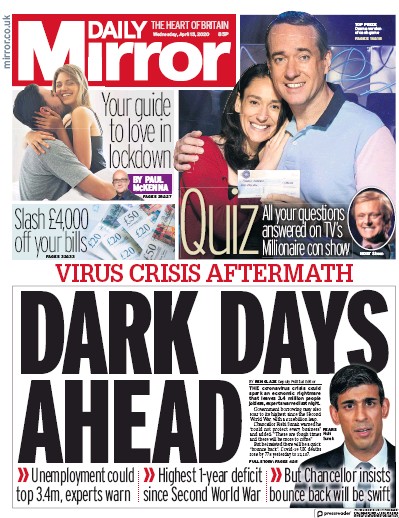 Daily Mirror Newspaper Front Page (UK) for 15 April 2020