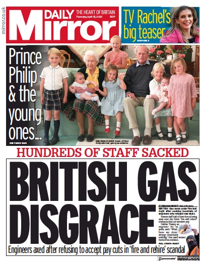Daily Mirror Newspaper Front Page (UK) for 15 April 2021