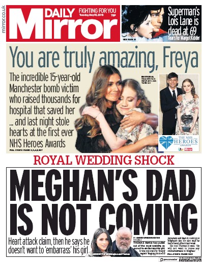 Daily Mirror Newspaper Front Page (UK) for 15 May 2018