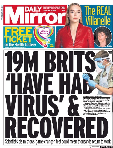 Daily Mirror Newspaper Front Page (UK) for 15 May 2020