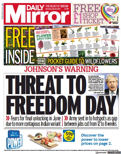 Daily Mirror Newspaper Front Page (UK) for 15 May 2021