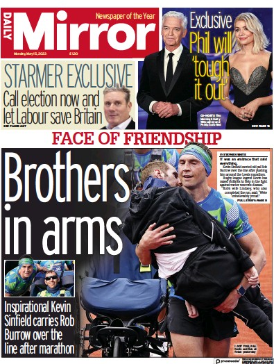 Daily Mirror Newspaper Front Page (UK) for 15 May 2023