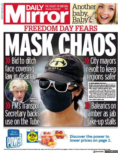Daily Mirror Newspaper Front Page (UK) for 15 July 2021