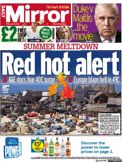 Daily Mirror Newspaper Front Page (UK) for 15 July 2022