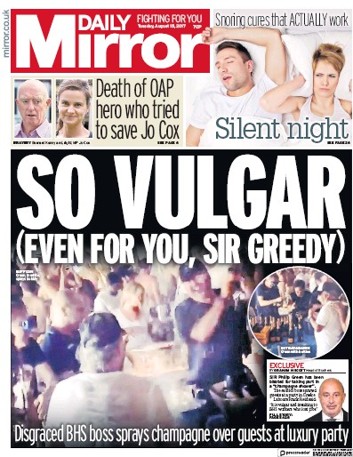 Daily Mirror Newspaper Front Page (UK) for 15 August 2017