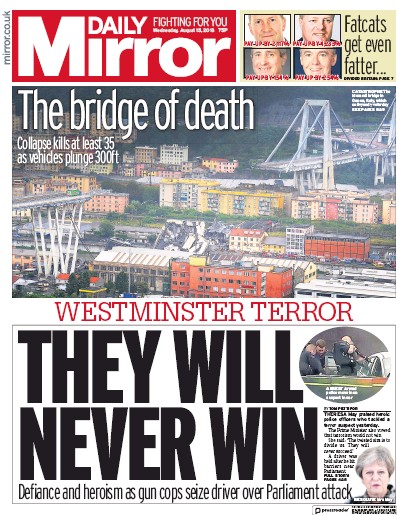 Daily Mirror Newspaper Front Page (UK) for 15 August 2018