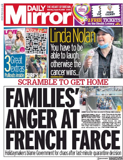 Daily Mirror Newspaper Front Page (UK) for 15 August 2020