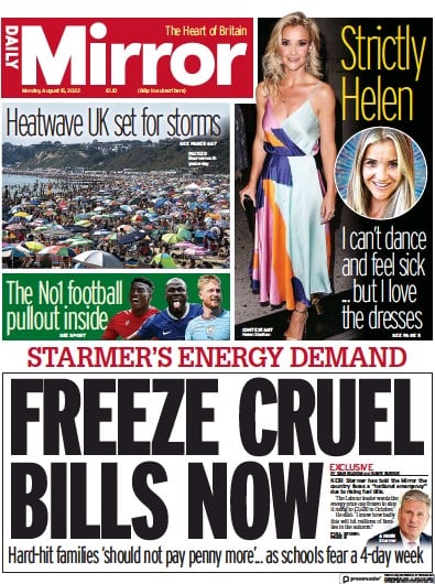 Daily Mirror Newspaper Front Page (UK) for 15 August 2022