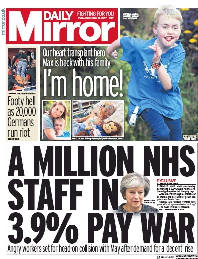 Daily Mirror Newspaper Front Page (UK) for 15 September 2017