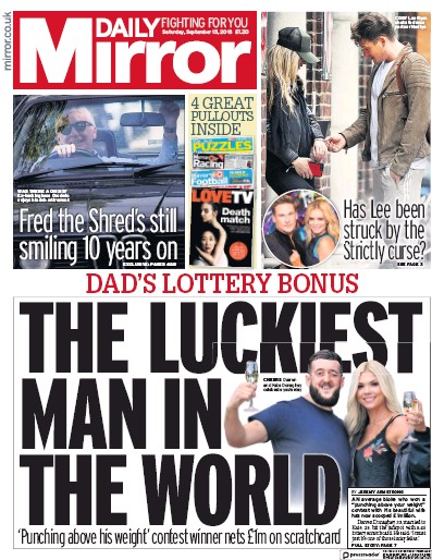 Daily Mirror Newspaper Front Page (UK) for 15 September 2018