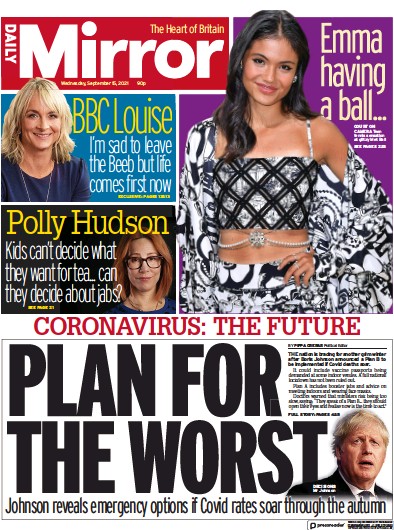 Daily Mirror Newspaper Front Page (UK) for 15 September 2021