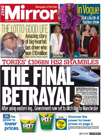 Daily Mirror Newspaper Front Page (UK) for 15 September 2023