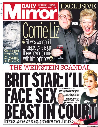 Daily Mirror Newspaper Front Page (UK) for 16 October 2017