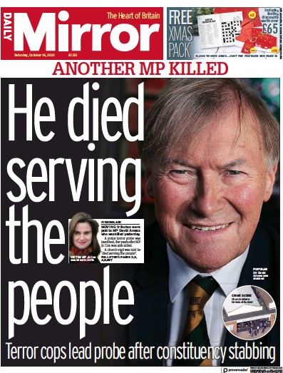 Daily Mirror Newspaper Front Page (UK) for 16 October 2021